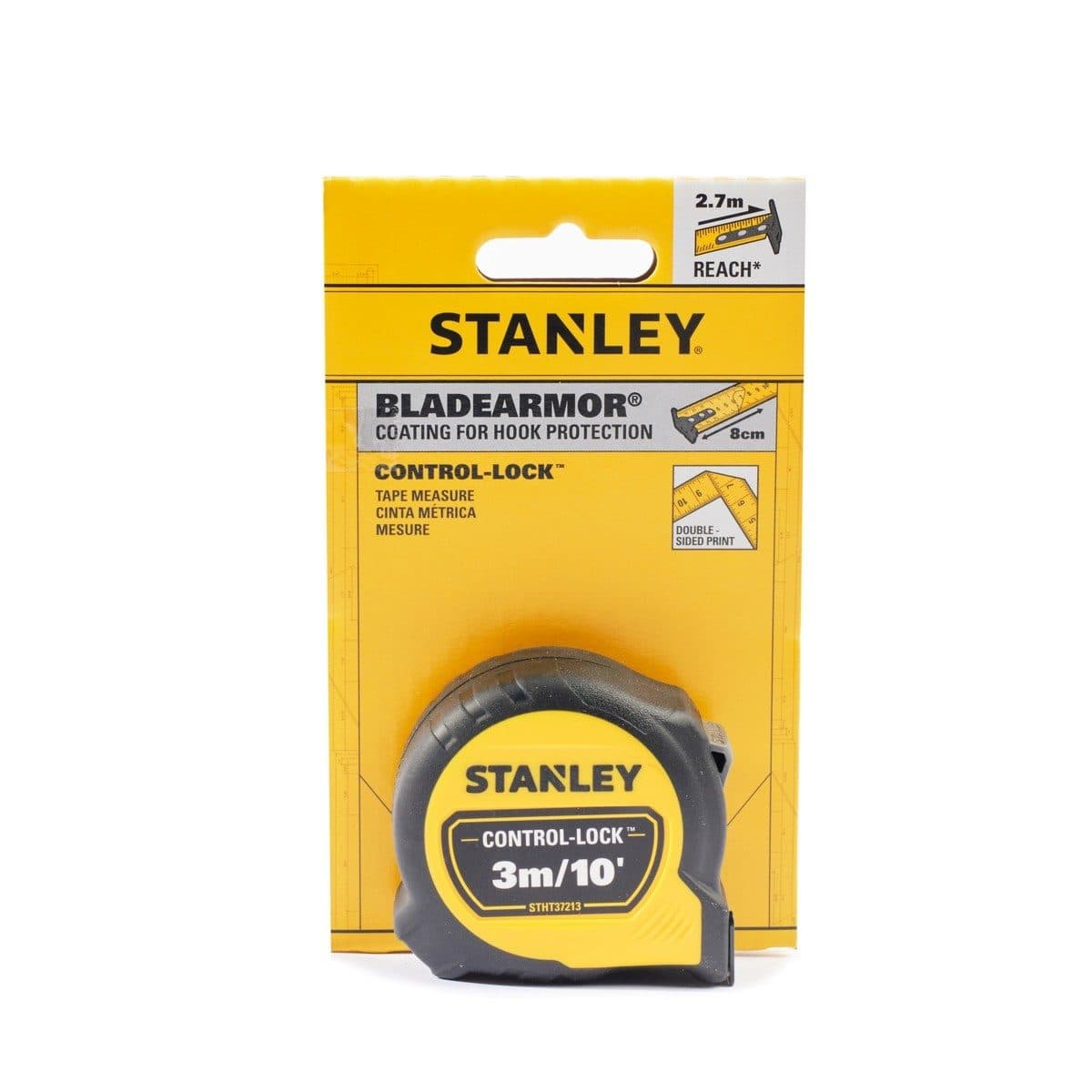 STANLEY ตลับเมตร 3 เมตร Control-Lock รุ่น STHT37213-30 สายวัดกว้าง 25 มม. ตะขอเกี่ยวขนาดใหญ่เหมาะกับทุกพื้นผิว น้ำหนักเบา (สแตนเล่ย์)