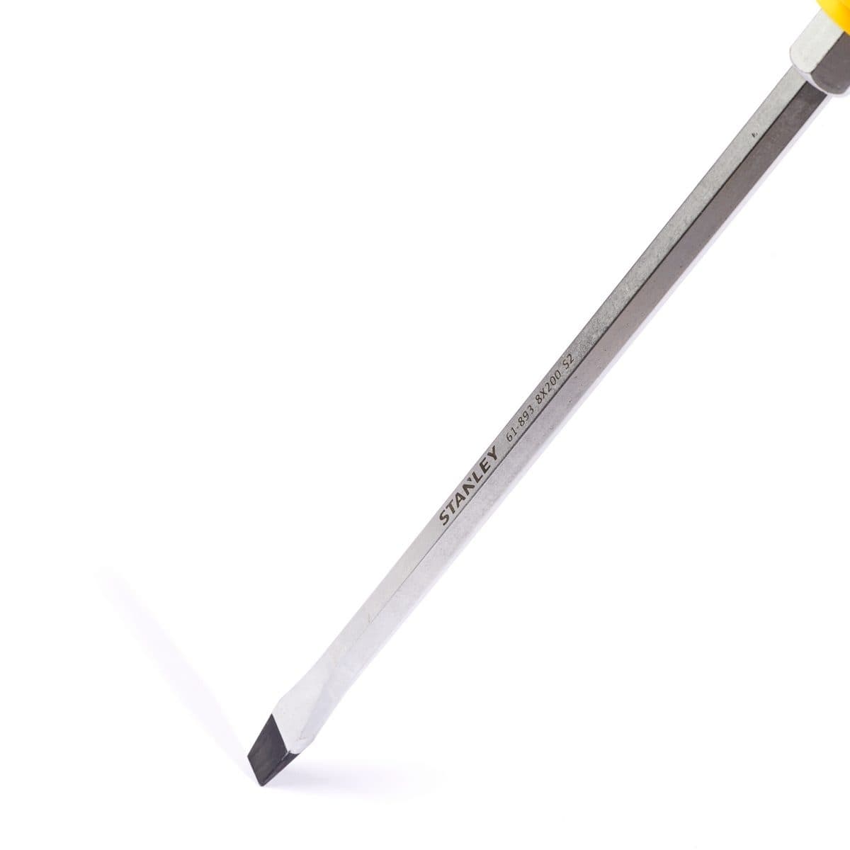STANLEY ไขควงตอก ปากแบน 61-893 ขนาด 8 มม. X 8 นิ้ว ทำจากโลหะ S2 มีแถบแม่เหล็กออกไซค์ดำที่ปลายหัวไขควง ใช้สำหรับขันหรือตอก (สแตนเล่ย์)