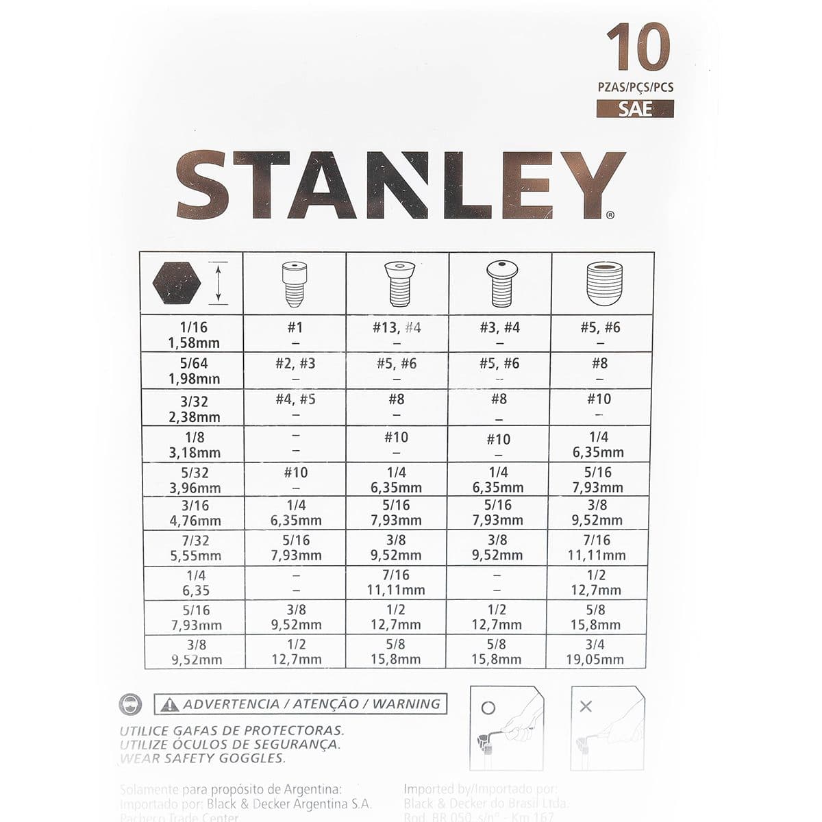 STANLEY (สแตนเล่ย์) ชุดประแจแอล หกเหลี่ยม ก้านดำ 10 ชิ้น รุ่น 69-254-22 ประกอบด้วยเบอร์ 1/16, 5/64, 3/32, 1/8, 5/32, 3/16, 7/32, 1/4, 5/16, 