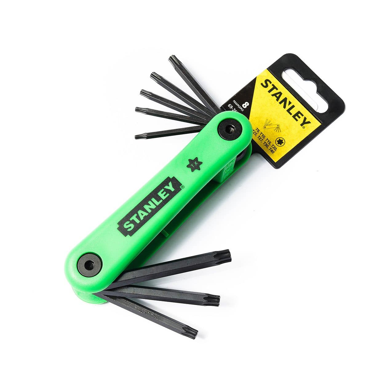 ชุดประแจแอลหัวจีบ ก้านดำ แบบพับได้ สแตนเล่ย์ (STANLEY) รุ่น 69-263 1 ชุด 8 ชิ้น ประกอบไปด้วยขนาด T9, T10, T15, T20, T25, T27, T30, T40