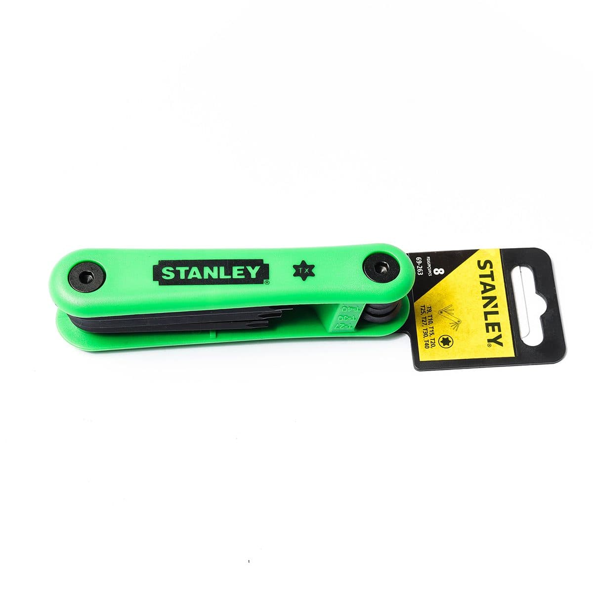 ชุดประแจแอลหัวจีบ ก้านดำ แบบพับได้ สแตนเล่ย์ (STANLEY) รุ่น 69-263 1 ชุด 8 ชิ้น ประกอบไปด้วยขนาด T9, T10, T15, T20, T25, T27, T30, T40