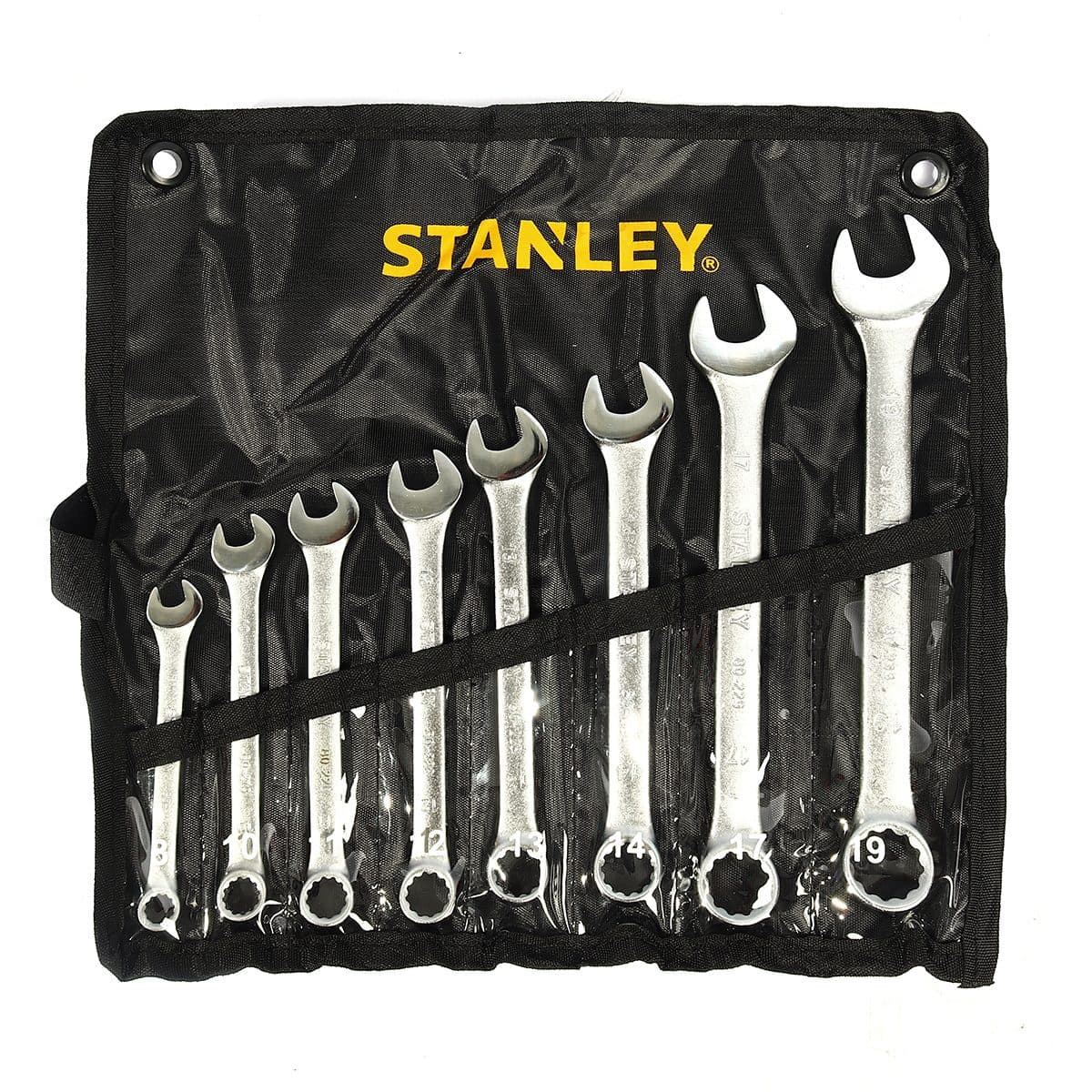 ชุดประแจแหวนข้างปากตาย 8 ชิ้น ซองผ้า สแตนเล่ย์ (STANLEY) รุ่น CWB ขนาด 9-19 มม. ในชุดประกอบไปด้วยเบอร์ 9,10,11,12,13,14,17,19 มม. วัสดุทำจาก