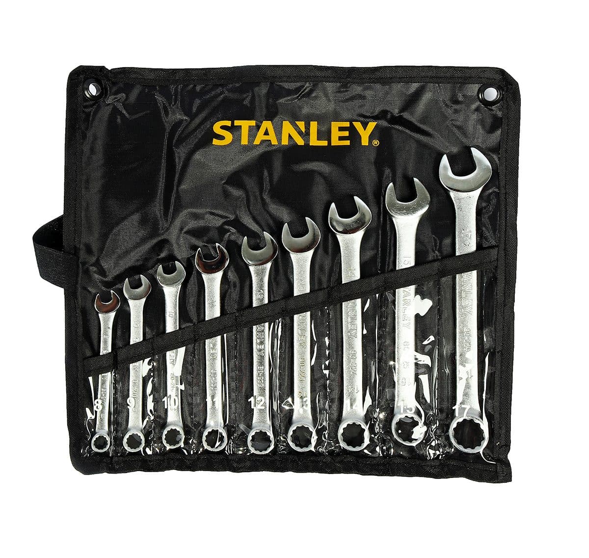 ชุดประแจแหวนข้างปากตาย 9 ชิ้น ซองผ้า สแตนเล่ย์ (STANLEY) รุ่น CWB ขนาด 8-17 มม. ในชุดประกอบไปด้วยเบอร์ 8,9,10,11,12,13,14,15,17 มม. วัสดุทำจ