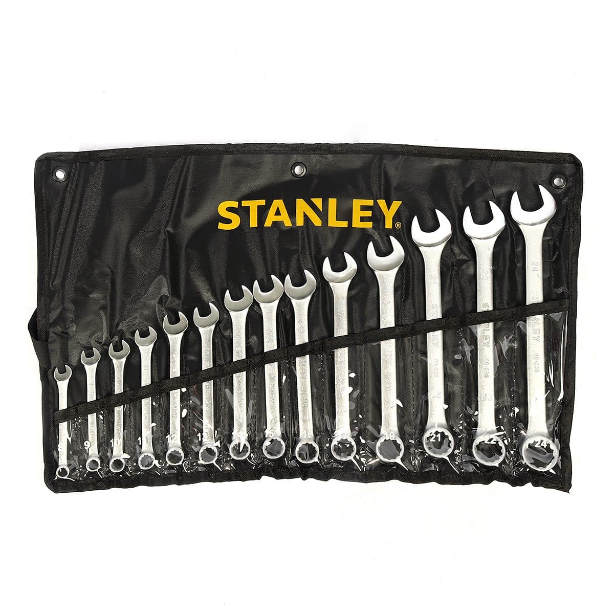 ชุดประแจแหวนข้างปากตาย 14 ชิ้น ซองผ้า สแตนเล่ย์ (STANLEY) รุ่น CWB ขนาด 8-24 มม. ในชุดประกอบไปด้วยเบอร์ 8,9,10,11,12,13,14,15,16,17,19,21,22