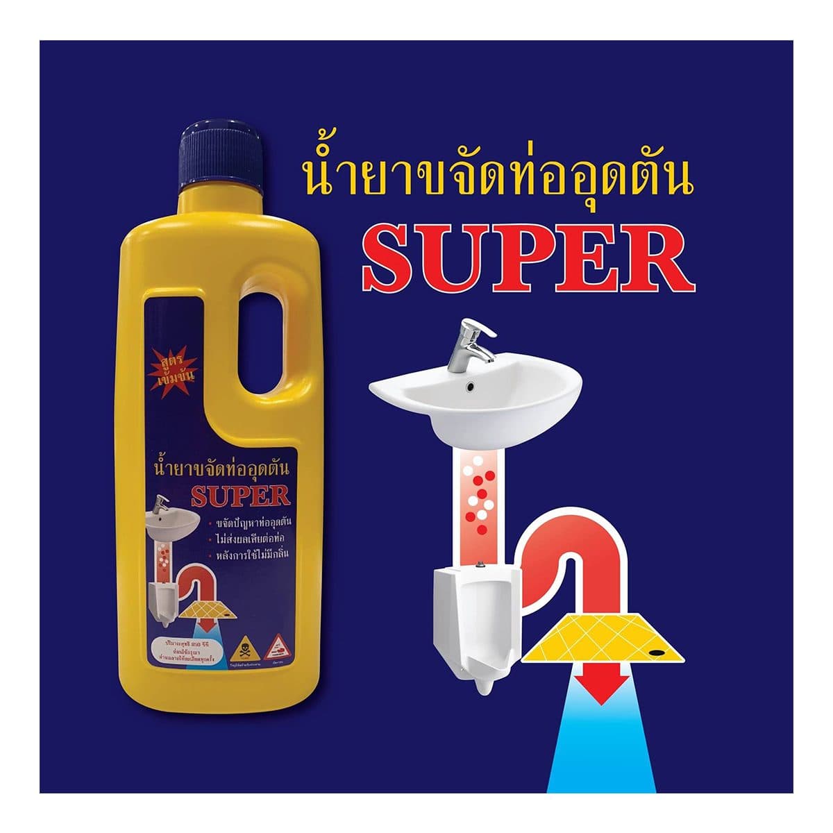 น้ำยาขจัดท่ออุดตัน ซุปเปอร์ (SUPER) รุ่น SP001 ขนาด 950 ซีซี (0.95 ลิตร) สำหรับขจัดการอุดตันของท่อระบายน้ำ สามารถละลายอินทรีย์สารทุกชนิด เช่