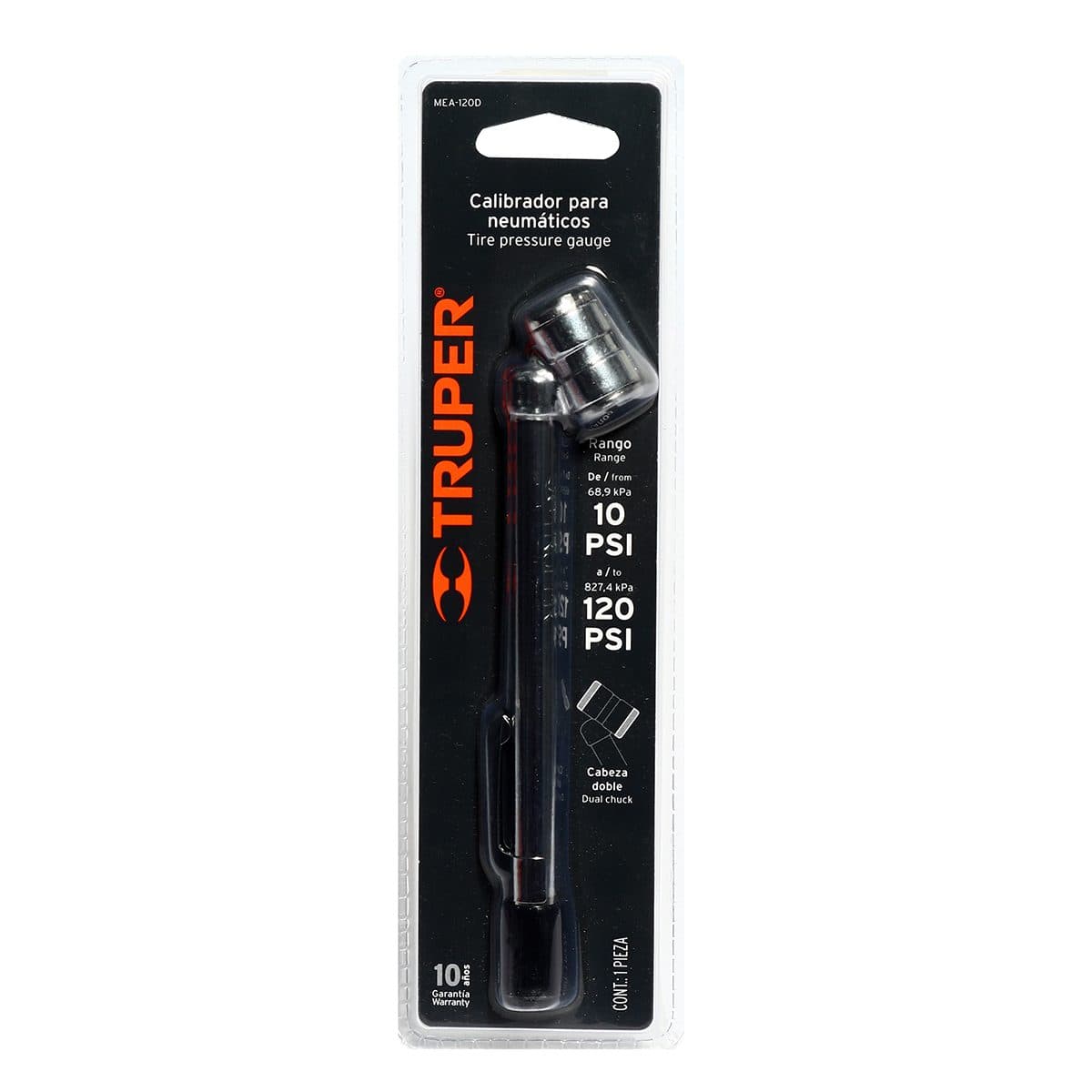 เกจ์วัดแรงดันยางรถ 2 หัว 120 ปอนด์ ทรูเปอร์ (TRUPER) รุ่น 19099 โครงสร้างแข็งแรงทนทานทำจากเหล็กและทองเหลืองชุบโครเมี่ยม