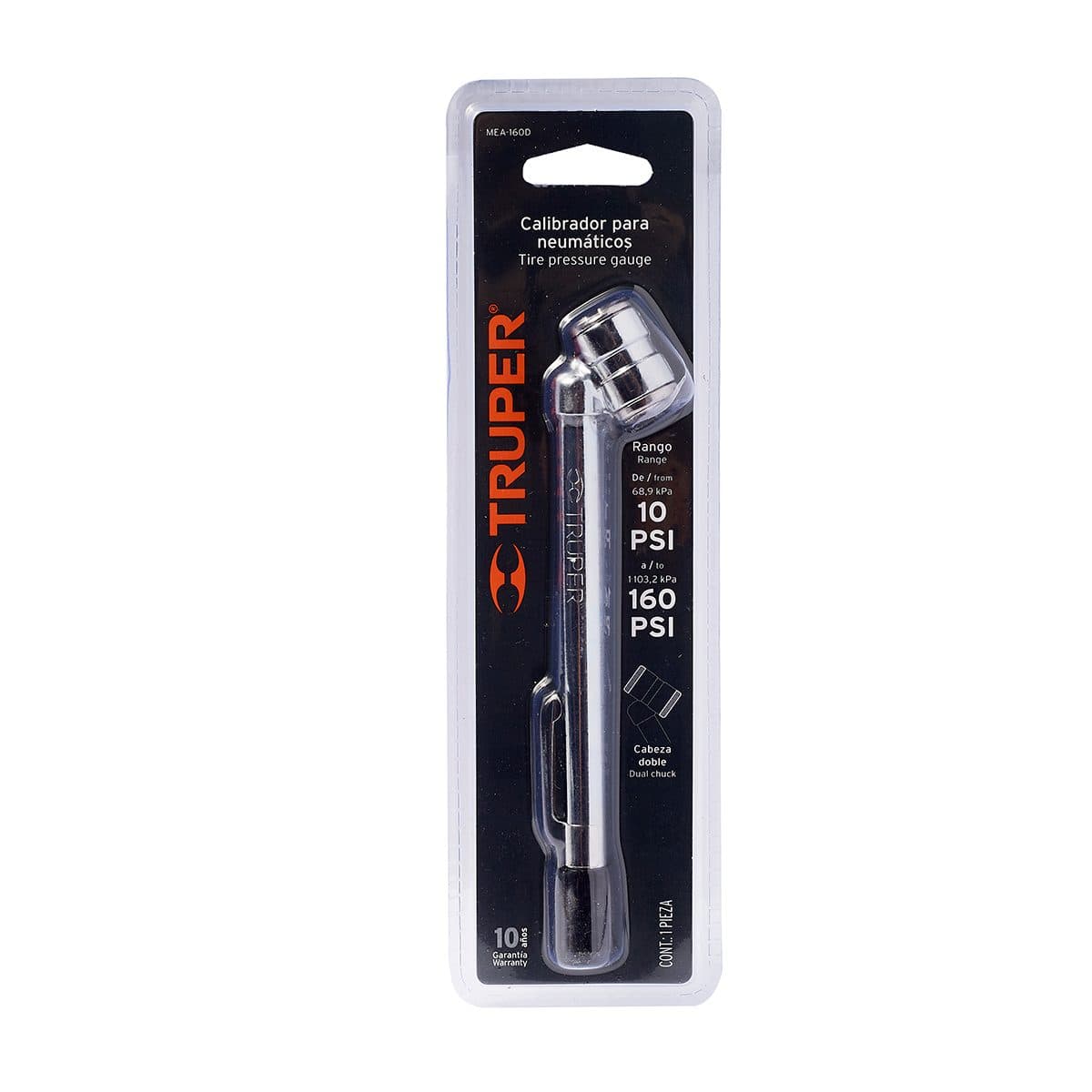 เกจ์วัดแรงดันยางรถ 2 หัว 160 ปอนด์ ทรูเปอร์ (TRUPER) รุ่น 19100 โครงสร้างแข็งแรงทนทานทำจากเหล็กและทองเหลืองชุบโครเมี่ยม