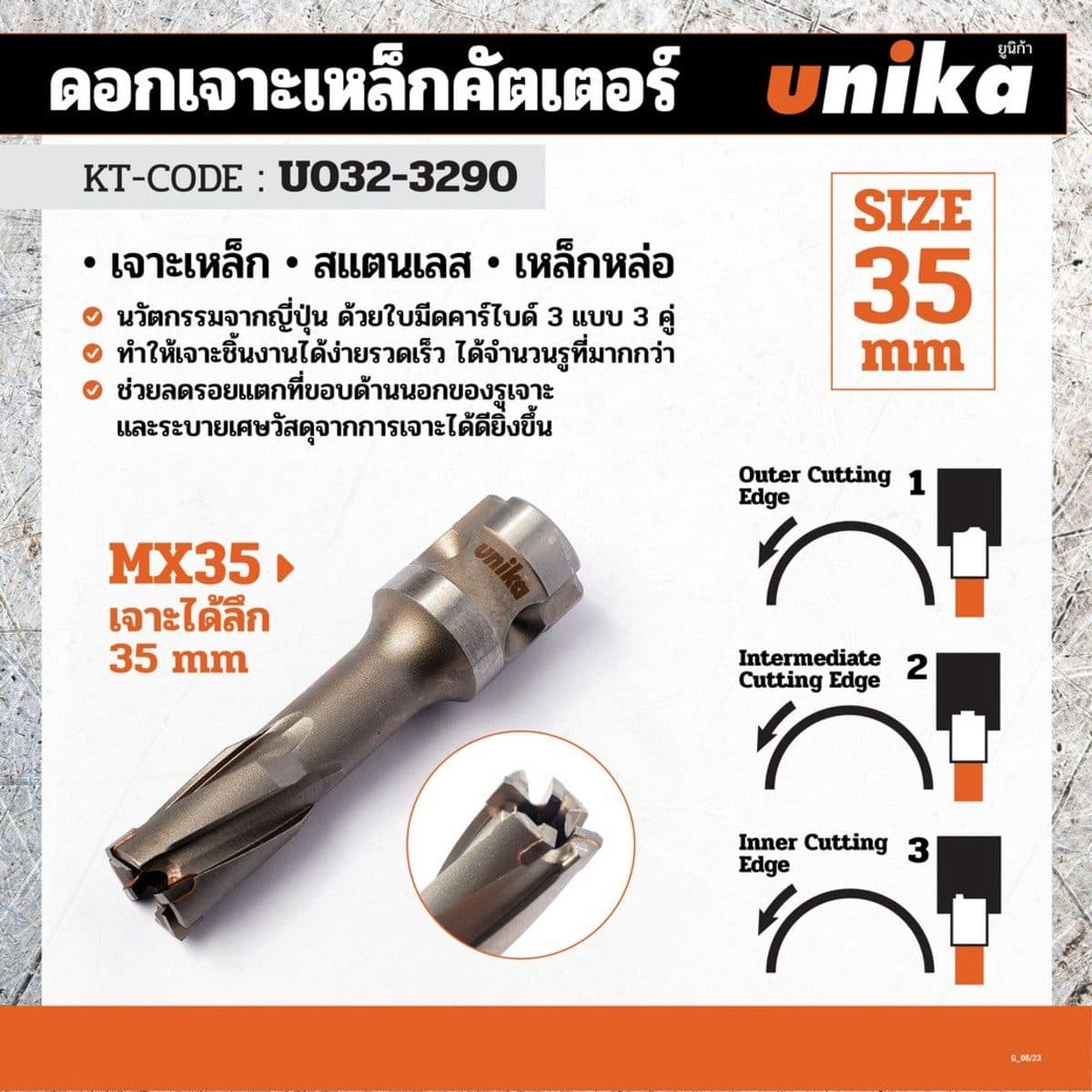 UNIKA (ยูนิก้า) ดอกเจาะเหล็กคัตเตอร์ ขนาด 35x35 มม. รุ่น META-CORE MAX (JET BROACH) เจาะลึกได้สูงสุด 35 มม.