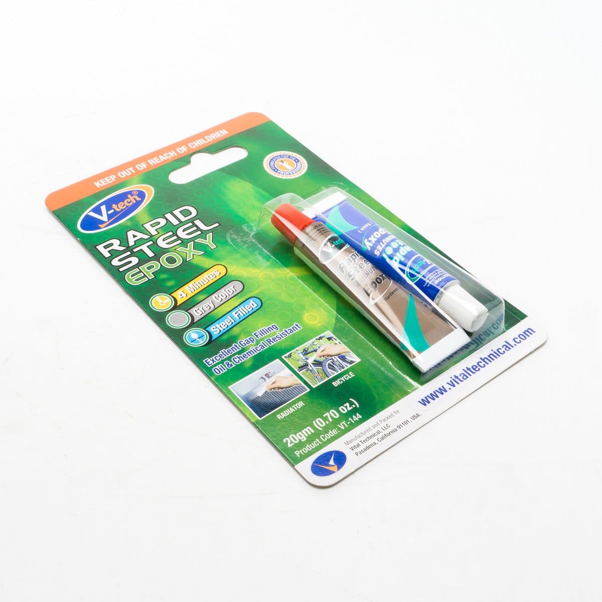 V TECH กาวอีพอกซ์ซี่ สีเทาเงิน ขนาด 25 กรัม รุ่น VT-144 สำหรับติดรอยต่อและรอยร้าวของวัสดุ แห้งเร็วภายใน 4 นาที ทนความร้อนได้ถึง 80°C (วีเทค)