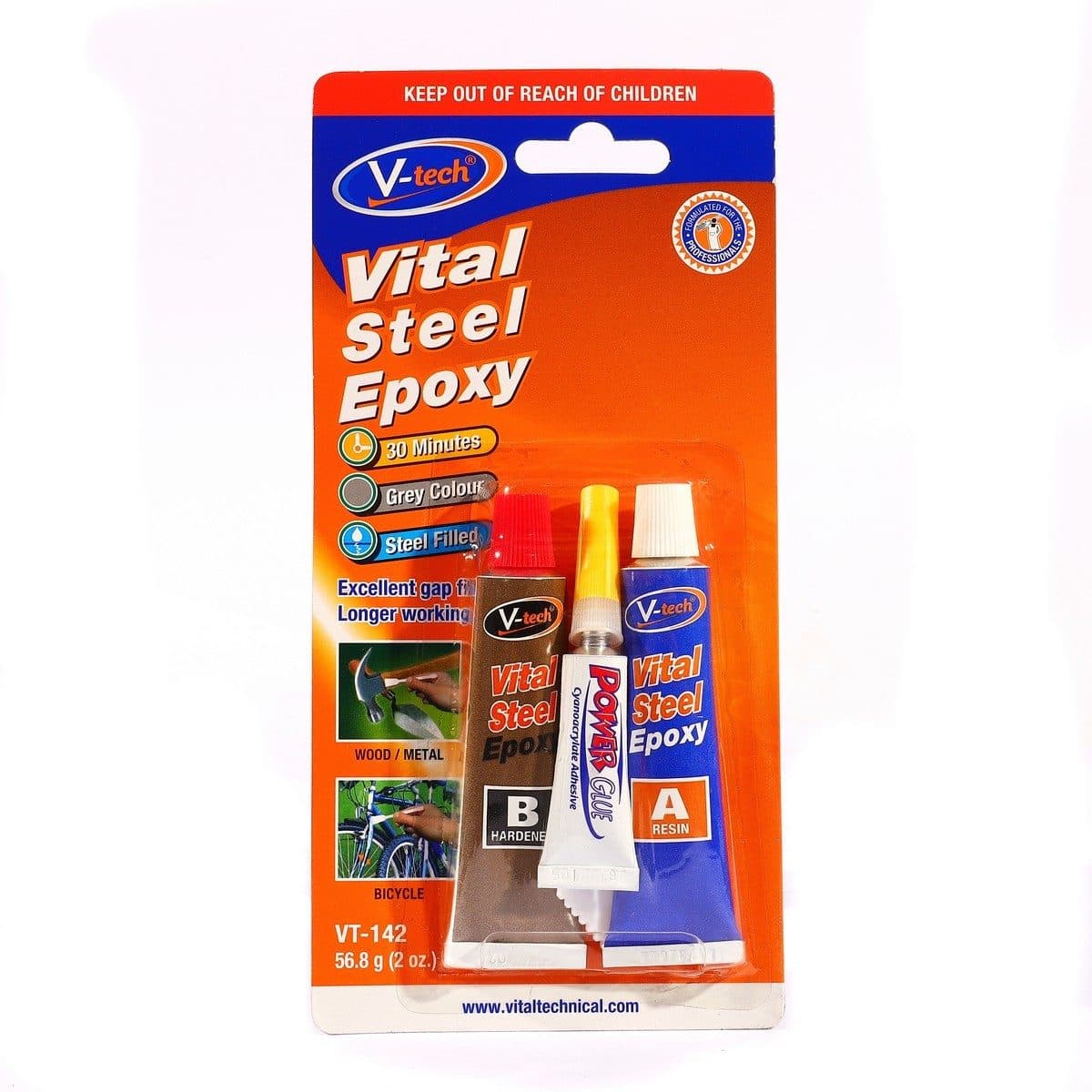 V TECH กาวอีพอกซ์ซี่ สีเทา แถมกาวตราช้าง รุ่น VT-140BP เหมาะกับการเชื่อมเหล็กและอุปกรณ์ต่างๆ แห้งช้าใน 90 นาที ทนความร้อนได้ถึง 80°C (วีเทค)