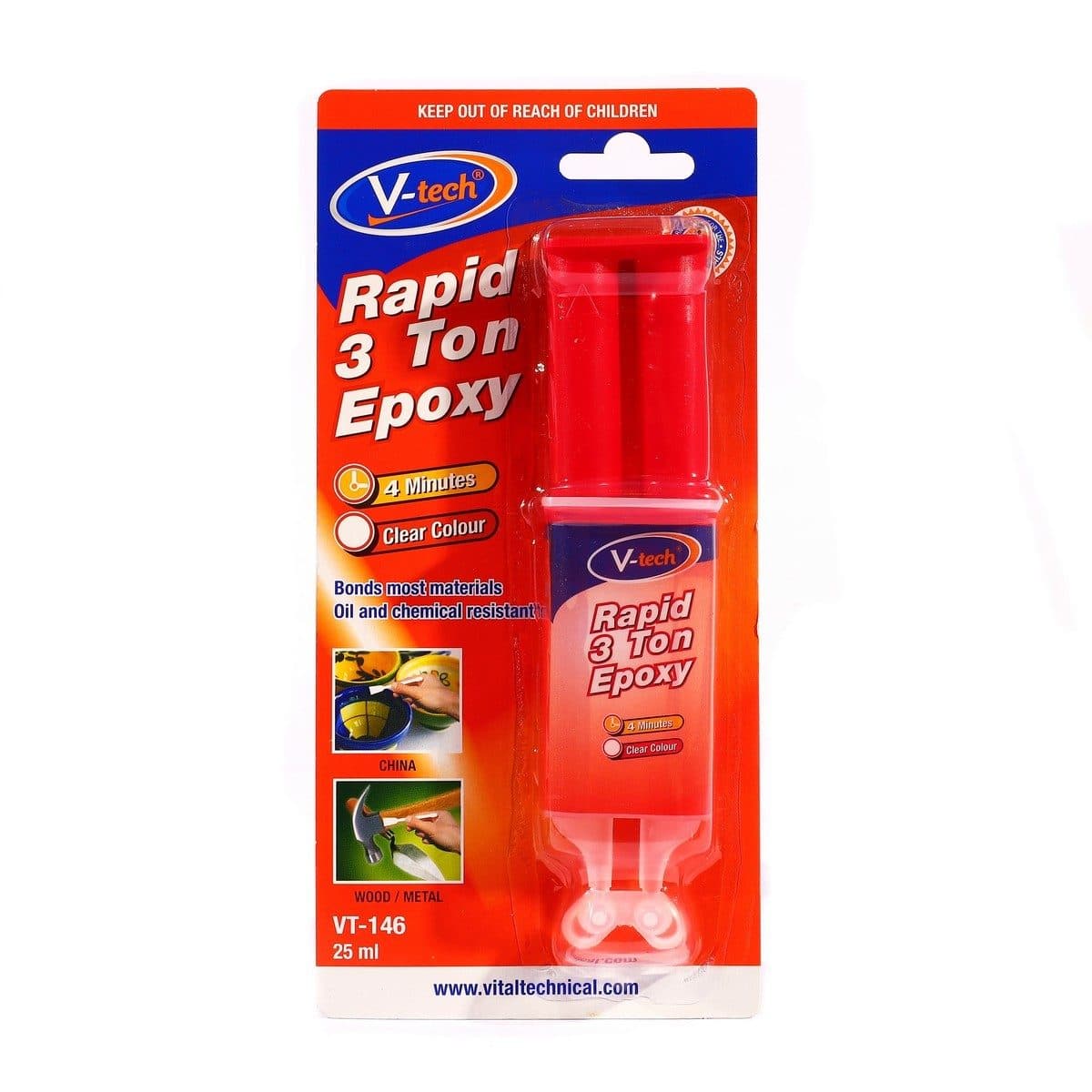 V TECH กาวอีพอกซ์ซี่ สีใส ขนาด 25 กรัม รุ่น VT-146 สำหรับติดรอยต่อและรอยร้าวของวัสดุ แห้งเร็วภายใน 4 นาที ทนความร้อนได้ถึง 150°C (วีเทค)