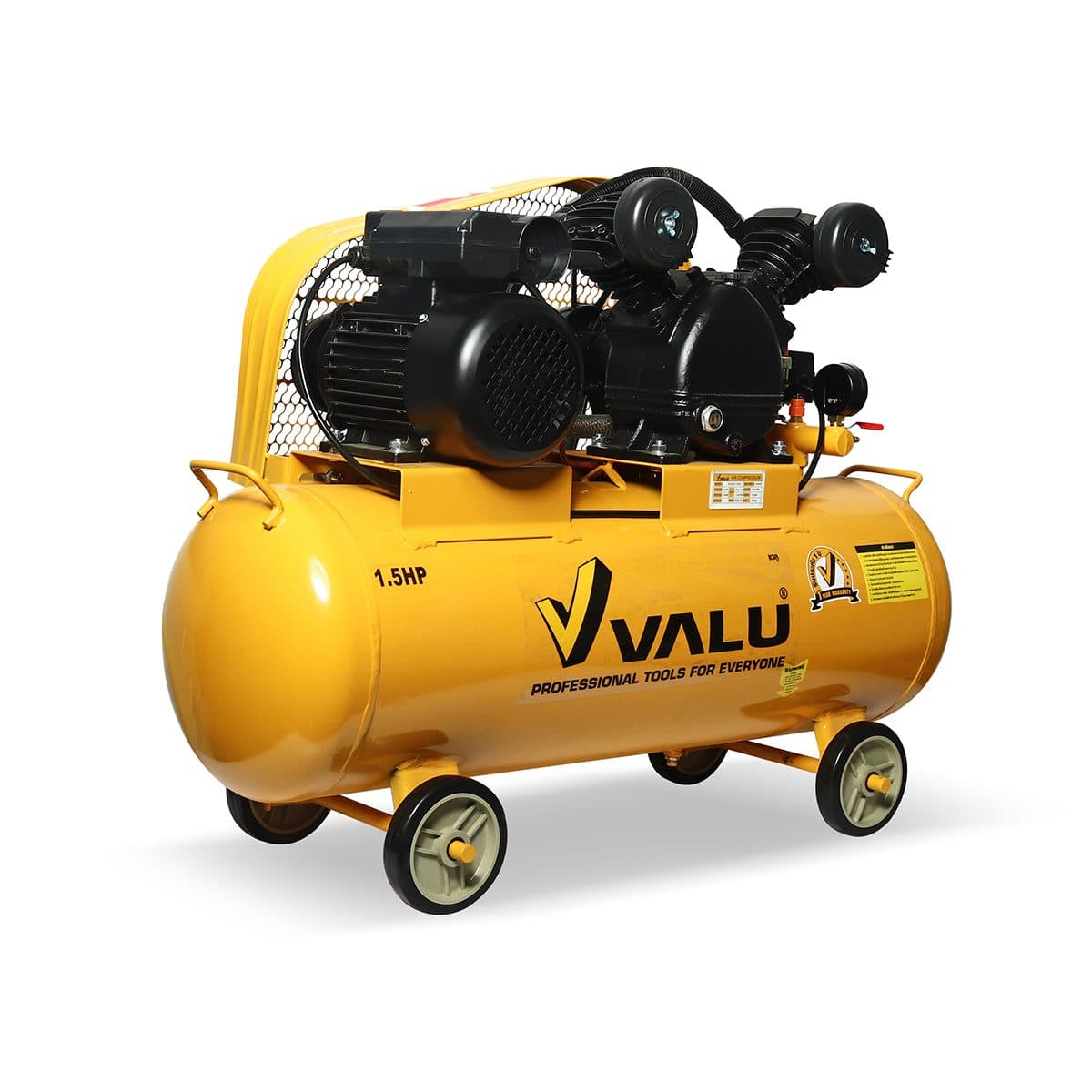 VALU ปั๊มลมสายพาน มอเตอร์ 1.5 แรงม้า (1100 วัตต์) ถัง 65 ลิตร รุ่น 2051-65 ไฟ 1 เฟส ความเร็วรอบ 800 รอบ/นาที แรงดันลม 8 บาร์ ปริมาณลม 135 ลิ