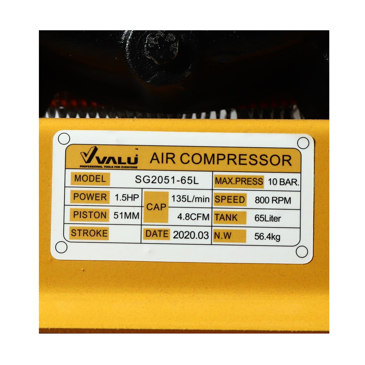 VALU ปั๊มลมสายพาน มอเตอร์ 1.5 แรงม้า (1100 วัตต์) ถัง 65 ลิตร รุ่น 2051-65 ไฟ 1 เฟส ความเร็วรอบ 800 รอบ/นาที แรงดันลม 8 บาร์ ปริมาณลม 135 ลิ