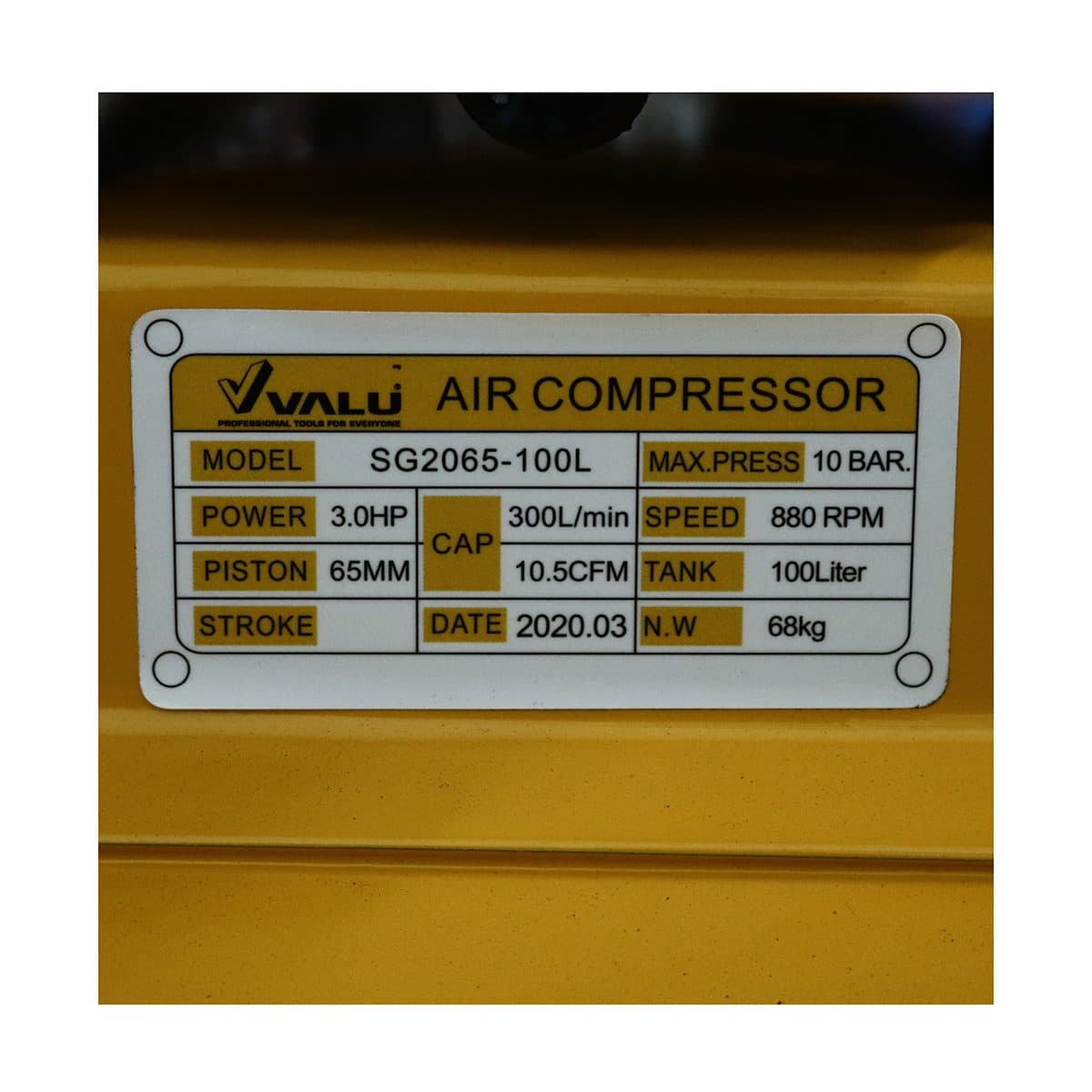 VALU ปั๊มลมสายพาน มอเตอร์ 3 แรงม้า (2200 วัตต์) ถัง 100 ลิตร รุ่น 2065-100 ไฟ 1 เฟส ความเร็วรอบ 2850 รอบ/นาที แรงดันลม 8 บาร์ ปริมาณลม 200 ล