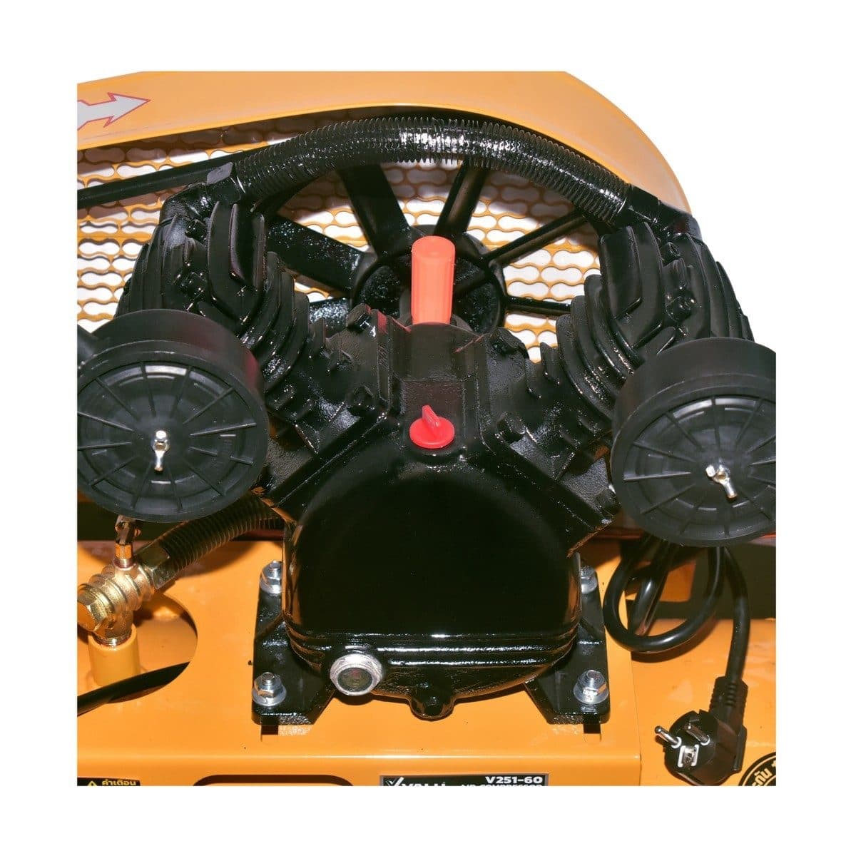 VALU ปั๊มลมสายพาน 2 หัว รุ่น 251-60 มอเตอร์ 1.5 แรงม้า (1100 วัตต์) ถัง 60 ลิตร ไฟ 1 เฟส ความเร็วรอบ 2800 รอบ/นาที แรงดันลม 8 บาร์ ปริมาณลม 