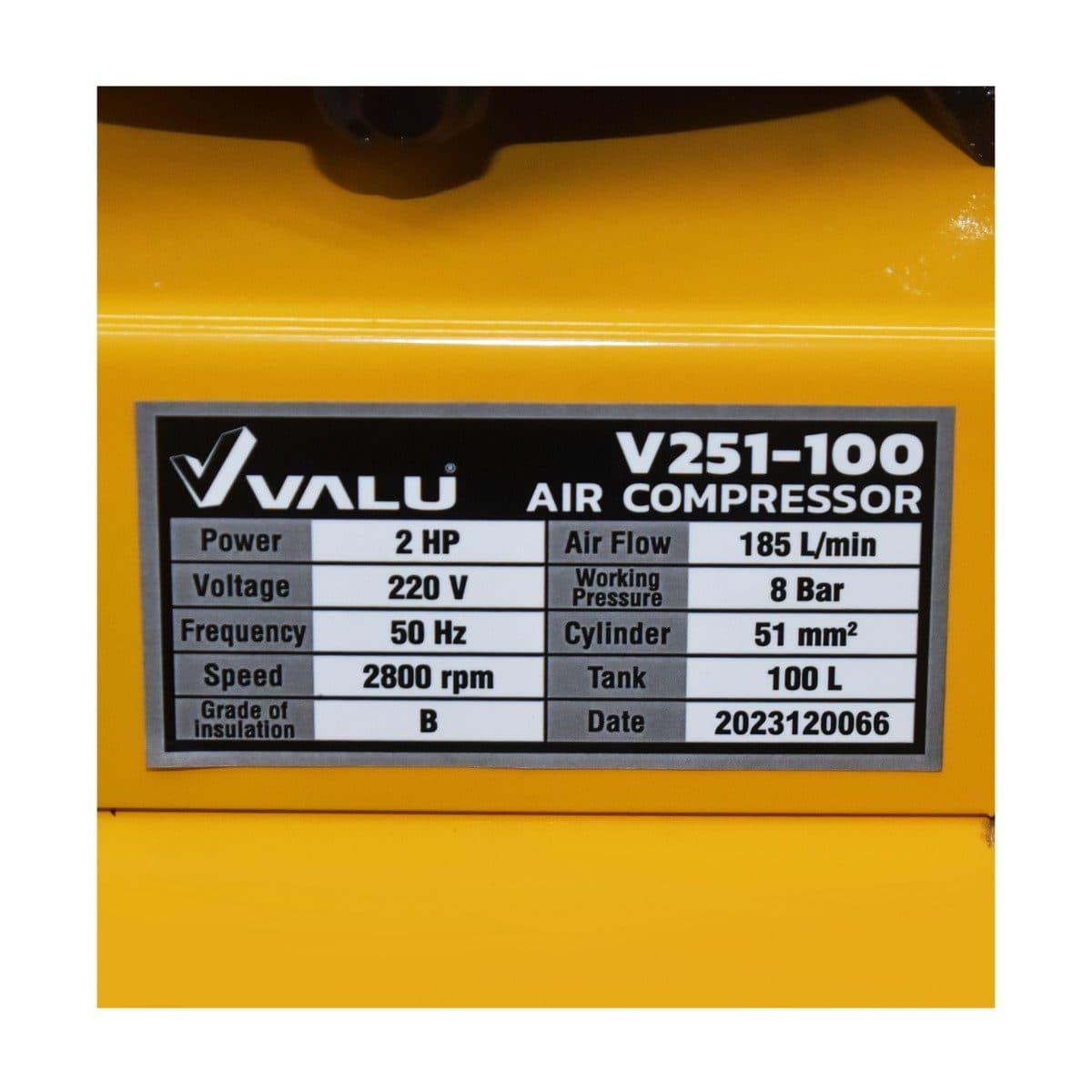 VALU ปั๊มลมสายพาน 2 หัว รุ่น 265-100 มอเตอร์ 2 แรงม้า (1500 วัตต์) ถัง 100 ลิตร ไฟ 1 เฟส ความเร็วรอบ 2800 รอบ/นาที แรงดันลม 8 บาร์ ปริมาณลม 