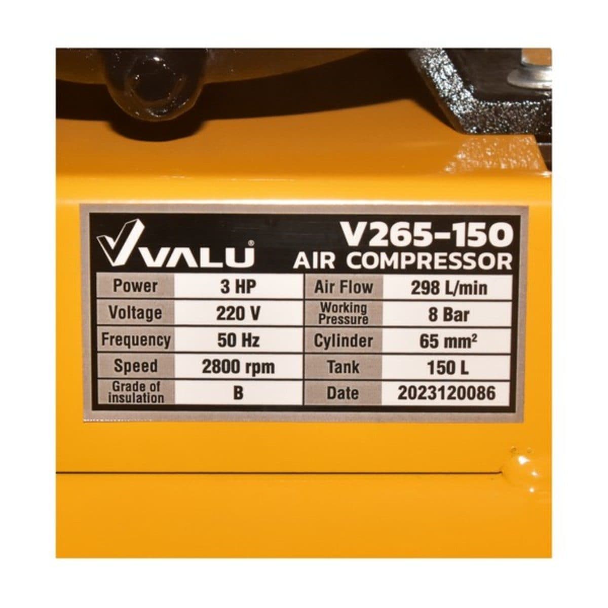 VALU ปั๊มลมสายพาน 2 หัว มอเตอร์ 3 แรงม้า (2200 วัตต์) ถัง 150 ลิตร รุ่น 265-150 ไฟ 1 เฟส ความเร็วรอบ 2800 รอบ/นาที แรงดันลม 8 บาร์ ปริมาณลม 