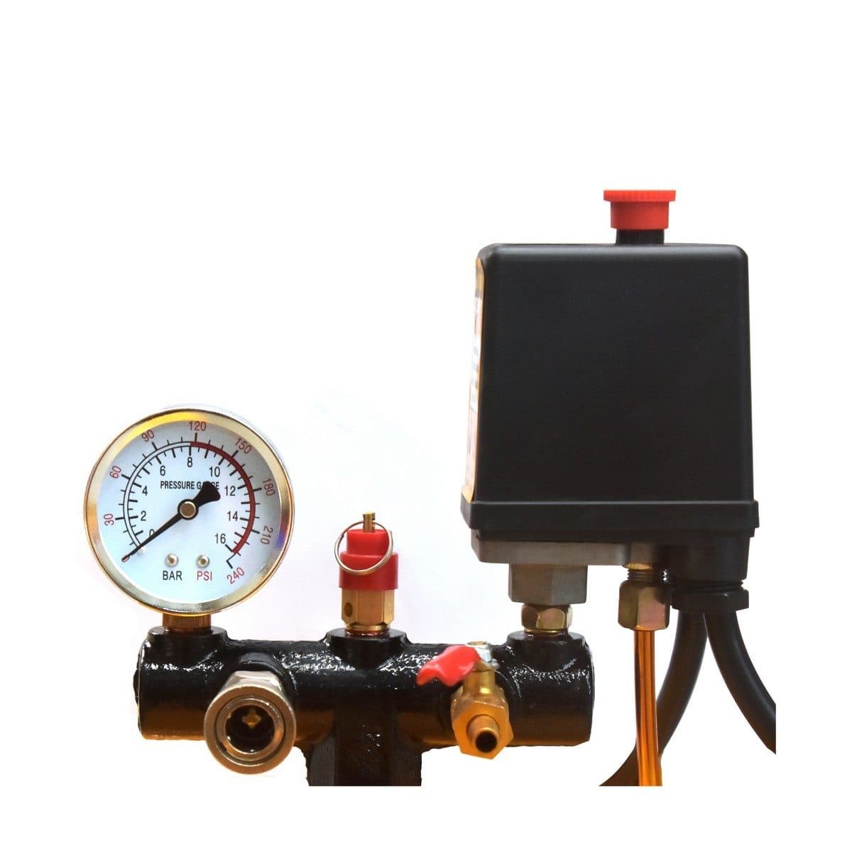 VALU ปั๊มลมสายพาน 2 หัว รุ่น 265-200 มอเตอร์ 3 แรงม้า (2200 วัตต์) ถัง 200 ลิตร ไฟ 1 เฟส ความเร็วรอบ 2,800 รอบ/นาที แรงดันลม 8 บาร์ ปริมาณลม