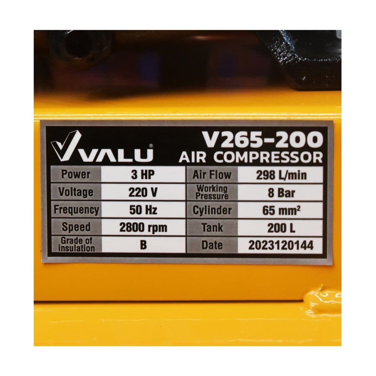 VALU ปั๊มลมสายพาน 2 หัว รุ่น 265-200 มอเตอร์ 3 แรงม้า (2200 วัตต์) ถัง 200 ลิตร ไฟ 1 เฟส ความเร็วรอบ 2,800 รอบ/นาที แรงดันลม 8 บาร์ ปริมาณลม