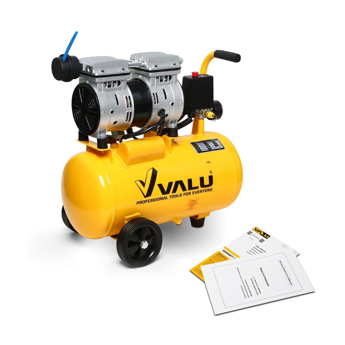 ปั๊มลมออยล์ฟรี  แวลู (VALU) รุ่น VFS5501-24 ปั๊มลมแบบไร้น้ำมัน (OIL FREE) กำลังมอเตอร์ 0.7 แรงม้า (500 วัตต์) ขนาดถังลม 24 ลิตร แรงดัน 8 บาร