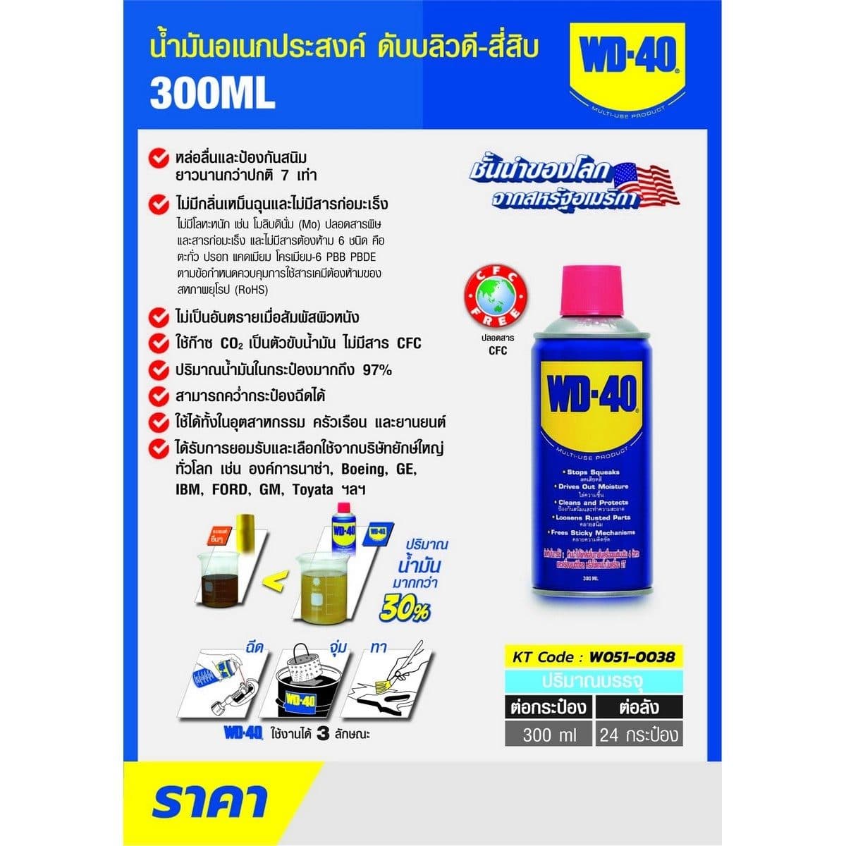 WD-40 น้ำมันอเนกประสงค์ ดับบลิวดี สี่สิบ ขนาด 300 มิลลิลิตร ใช้หล่อลื่น คลายติดขัด ไล่ความชื่น ทำความสะอาด ป้องกันสนิม สีใส ไม่มีกลิ่นฉุน