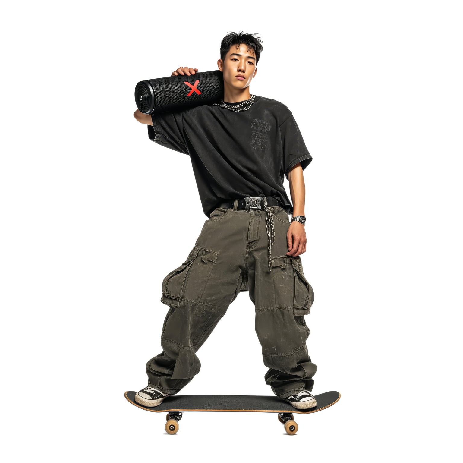Young man with portable speaker on skateboard