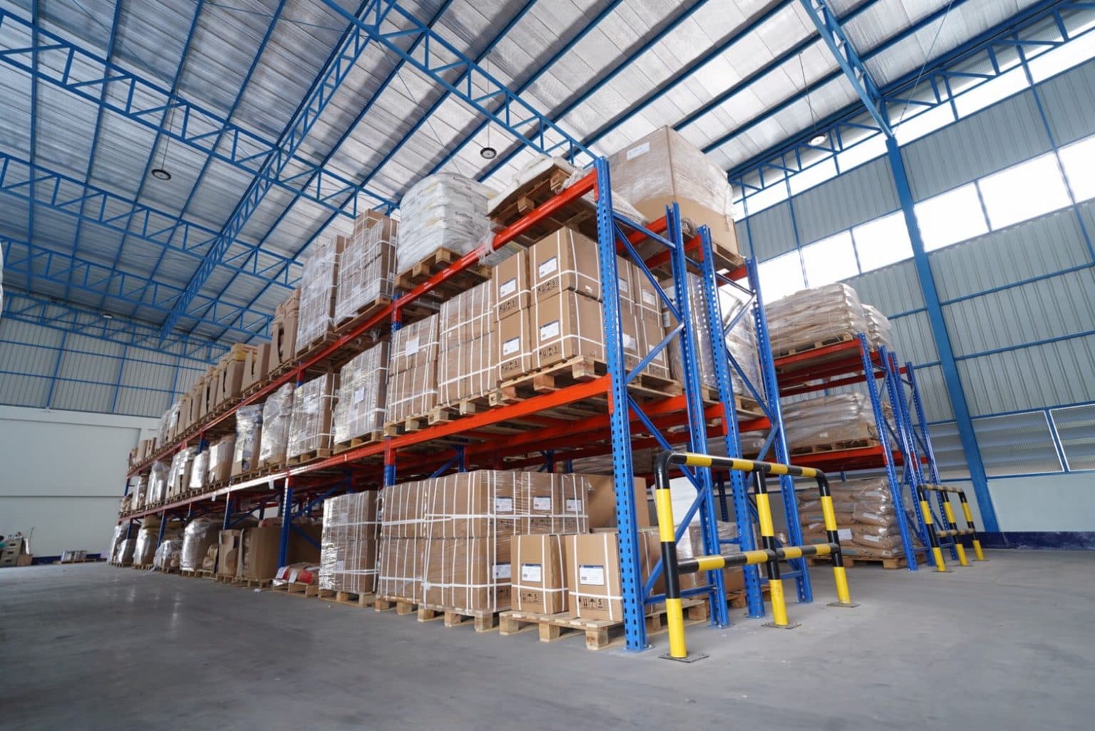 Modern and flexible warehouse for chemicals with organized storage racks